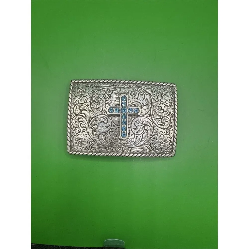 Nocona Womens Silver Tone Belt Buckle Blue Rhinestone Cross Floral Western Rodeo